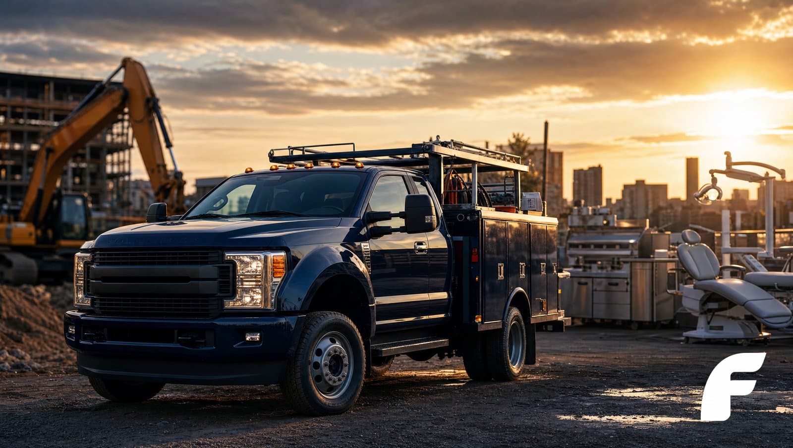 Commercial work truck and industrial equipment at a job site representing small business equipment financing